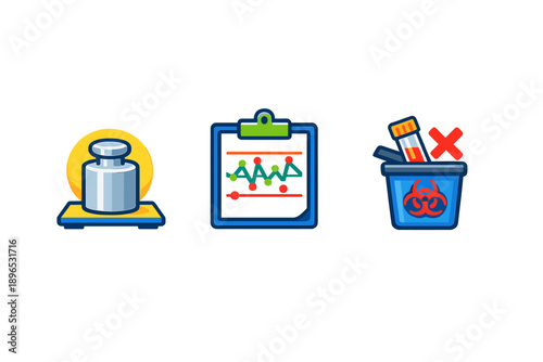 Icons represent different lab equipment and activity in a laboratory setting focused on scientific research and waste management protocols