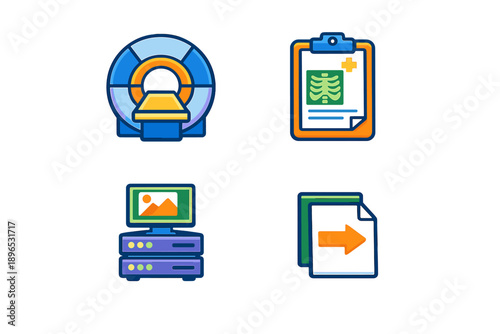 Icons showing medical imaging equipment, health documents, computer systems, and data transfer in a digital format for healthcare professionals