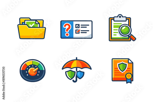 Icons representing various concepts related to organization, assessment, and protection in digital environments, featuring files, checklists, and security symbols