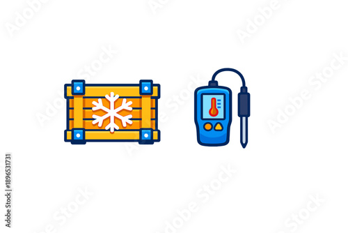 Winter scene with a snowflake crate and a temperature measuring device in a simple design to represent cold storage and climate control