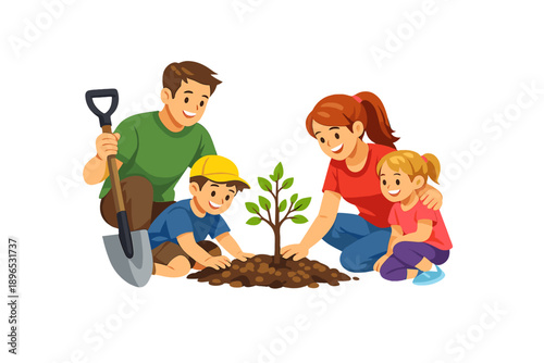 Family plants a small tree in their backyard during a sunny day while enjoying time together and teaching values of nature and care for the environment
