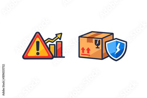 Warning signs appear next to a box with safety symbols while discussing delivery risks in logistics and transport