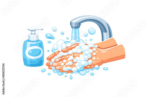 Hands are washing with soap and water at a sink while droplets and foam are visible in the scene