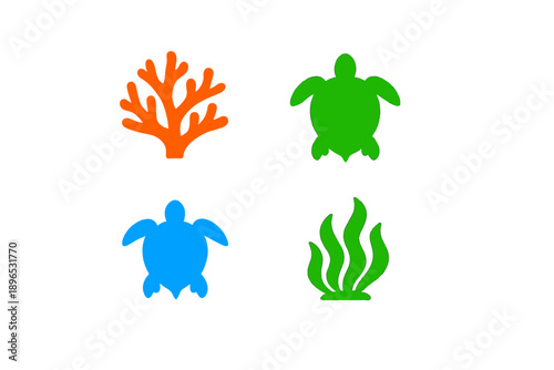 Design of colorful marine life featuring turtles and coral in simple shapes on a white background