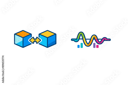 Graphical representation of data analysis tools showing connection between two blocks and a wave pattern with colorful bars indicating data fluctuations