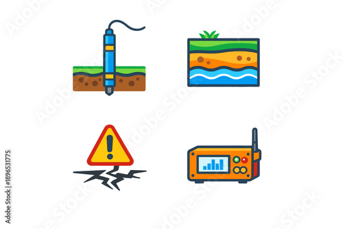 Different tools and symbols used in geological studies or environmental monitoring are shown in the design
