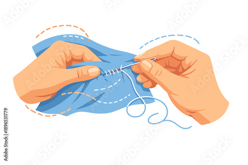 Hands sew a blue fabric together using a needle and thread in a simple stitching process during daytime