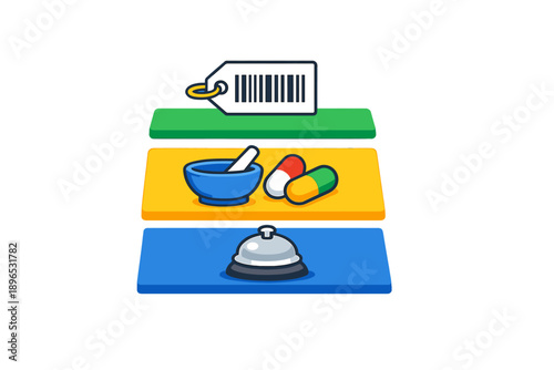 Different types of medical supplies are shown with a tag, a bowl with a pestle, pills, and a bell representing pharmacy services at a healthcare facility