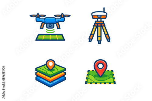Different tools for mapping and surveying with a drone and total station shown in four sections on a simple background