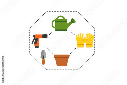 Gardening tools including watering can, gloves, pot, trowel, and spray for plant care