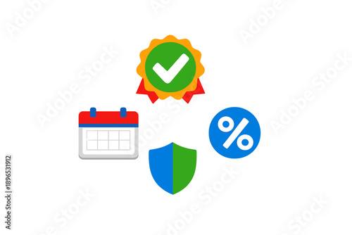 Graphic showing symbols related to scheduling, approvals, protection, and discounts in a digital format, suitable for various online uses