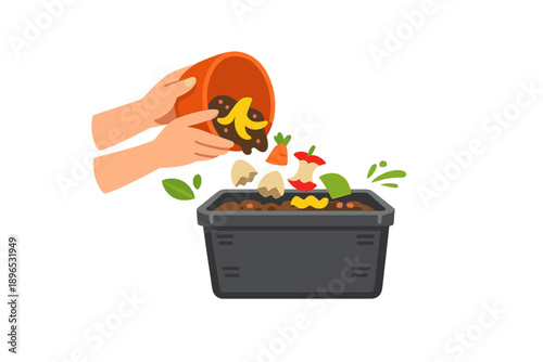 Men and women composting food scraps in a black bin in a kitchen during the day to reduce waste and help the environment