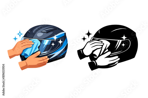 Cleaning motorcycle helmets with hands and cloth in a simple step-by-step process for safety and clarity on a plain background