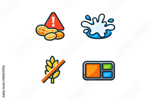 Warning signs for food allergies and dietary restrictions including peanuts, gluten, and possible allergens displayed in a simple format suitable for educational purposes