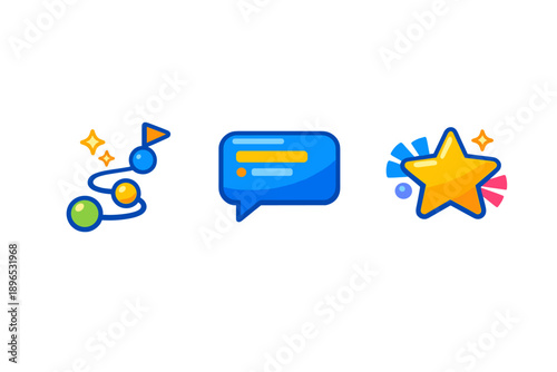 Colorful symbols show a path, a message, and a star in a simple design, used in digital communication and gaming contexts at any time of day