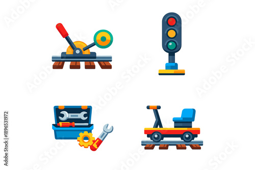 Train control tools and equipment are shown in a simple layout with a lever, signal light, toolbox, and track cart for railway operations