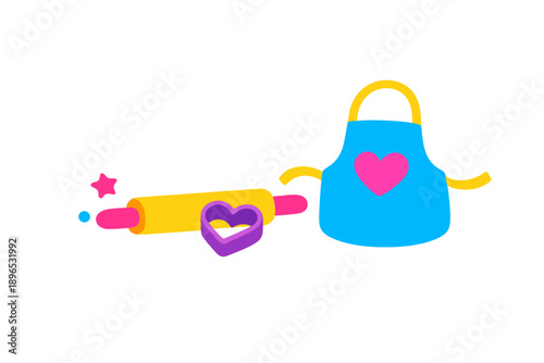 Rolling pin and apron are ready for baking with heart shapes in a kitchen setting during the day for a fun baking activity