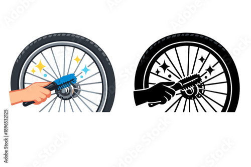 Cleaning a bicycle wheel with a brush in a simple and direct manner in two contrasting styles