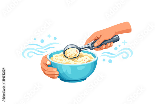 Hand scooping food from a blue bowl with a silver scoop during a kitchen activity in a home setting early in the day