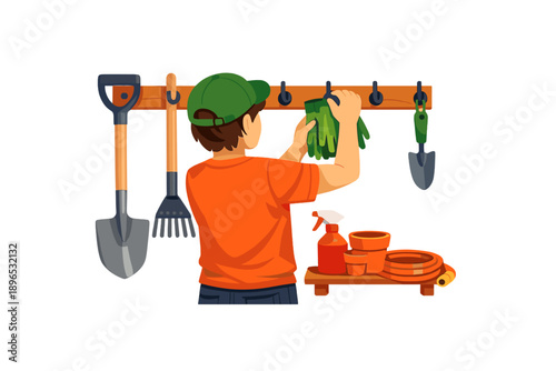 Gardener organizing tools and gloves in a garden shed during the day