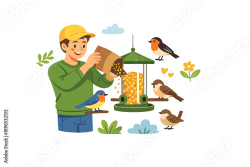 Person feeds birds at a colorful feeder in a backyard during a sunny day, enjoying the nature around them and observing the birds as they eat