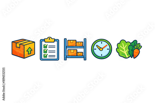 Delivery process includes checking items, managing stock, and tracking time for delivery of fresh vegetables at a warehouse in the afternoon