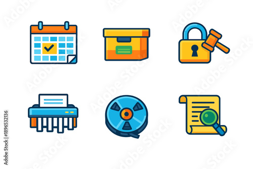 Different icons showing various office tasks and activities for organizing, securing, and documenting information at work