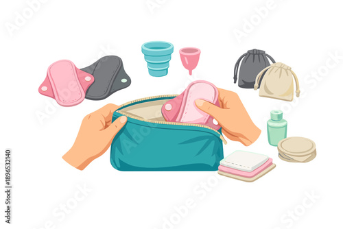 Organizing a menstrual kit with reusable items and personal care products in a bright colored pouch