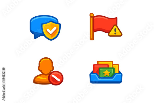 Icons represent different concepts like communication, warning signals, user access, and document management in a digital space