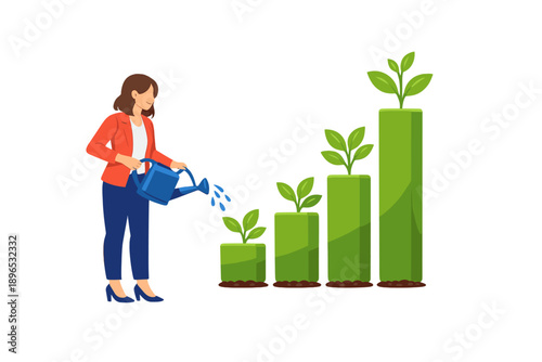 Woman waters plants that grow in a bar graph design with four levels showing progress in a garden scene