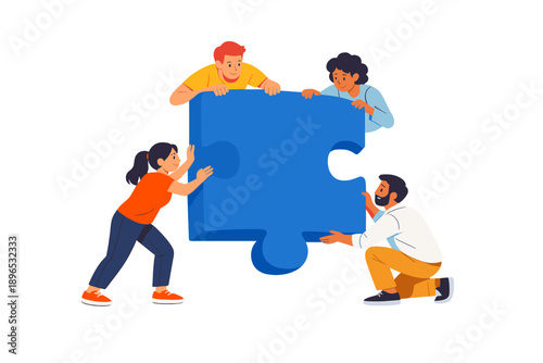 Group of four people working together to solve a puzzle indoors during a team-building event in an office space