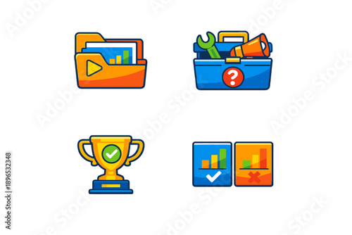 Colored icons showing tools, a trophy, and folders representing data analysis and achievements in a digital context created in a simple vector style