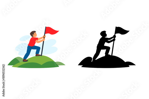 Boy climbs hill to plant a red flag as a symbol of achievement at a sunny location during daytime