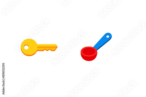 Key and measuring spoon placed side by side on a plain background in a simple layout for a design concept or an educational activity about objects