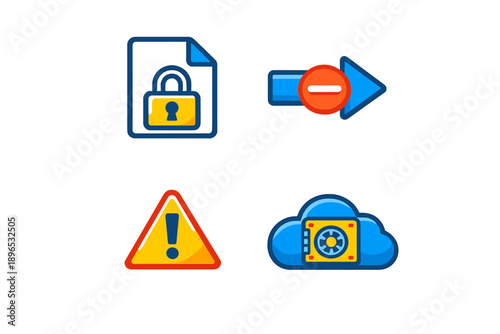 Icons showing file protection, data restriction, warning, and cloud security for digital safety in online environments
