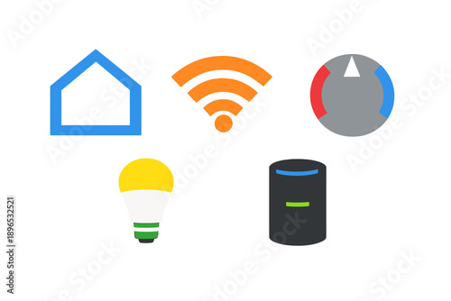 Digital icons representing home automation, including a house symbol, Wi-Fi signal, loading indicator, a light bulb, and a smart device, used for smart home applications