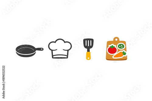 Cooking tools including a frying pan, chef hat, spatula, and cutting board with vegetables displayed in a simple way, great for illustrating culinary themes