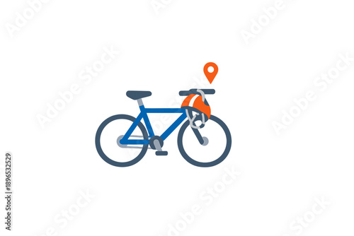 Bike parked with a location tag visible and a dog wearing a helmet nearby on a sunny day