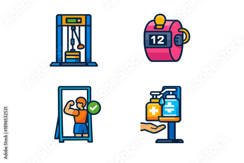 Workout equipment and accessories for fitness and training at a gym, including weights, a smartwatch, and exercise drinks
