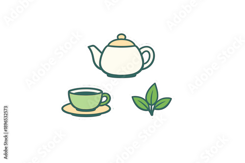 Tea set with teapot, teacup, and green leaves placed on a plain background in a simple and direct style showing elements of tea preparation