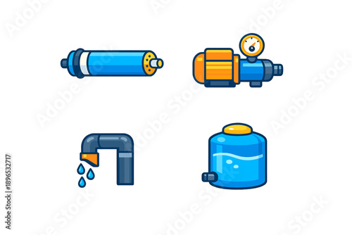 Illustrations of water system components used in plumbing tasks in a home setting showing pipes, pumps, and tanks during a bright day
