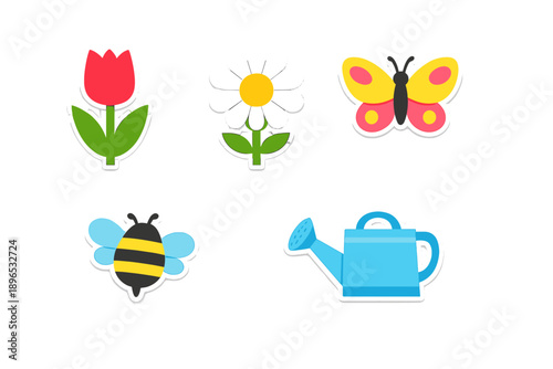 Colorful flowers, insects, and gardening tools show the joy of spring in a garden scene with bright designs and playful shapes