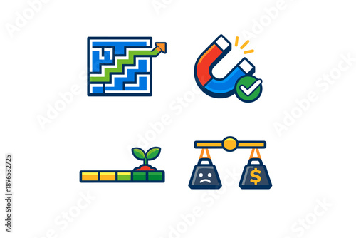 Different types of icons showing growth, attraction, and balance between profit and cost in a simple and clear format