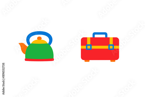 Green kettle and red suitcase sit side by side on a plain background during a travel planning session at home