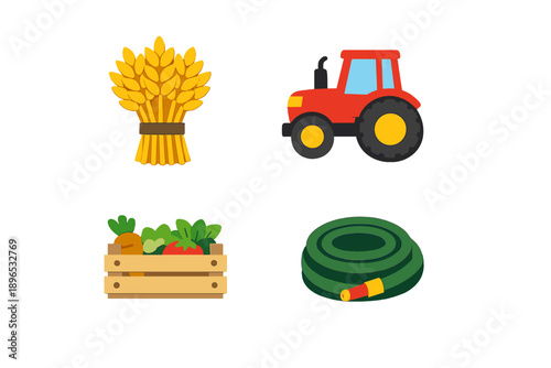 Farmland scene with wheat, tractor, vegetable crate, and garden hose during daytime activities in a rural setting