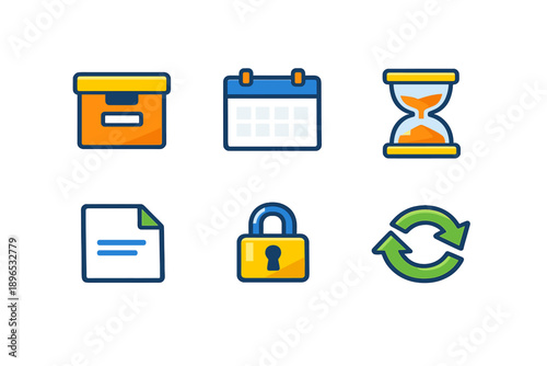 Icons show different concepts like storage, scheduling, time tracking, documentation, security, and recycling in a simple layout with bright colors