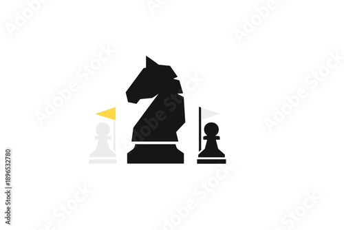 Chess pieces on a board with a black knight, two pawns, and flags during a game setup in a simple design format