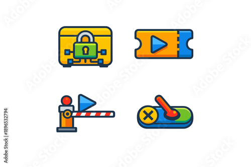 Icons that represent security, tickets, barriers, and controls for digital activities and games found in user interfaces
