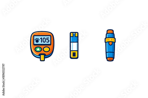 Diabetes management tools shown with a glucose meter, test strip, and insulin pen on a simple background