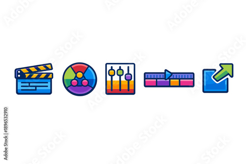 Icons showing video production tools and editing processes, featuring a clapperboard, color wheel, audio sliders, video timeline, and export button